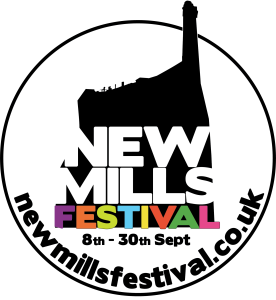 circular logo image of silhouette of mill with New Mills Festival typed and dates 8-30 September